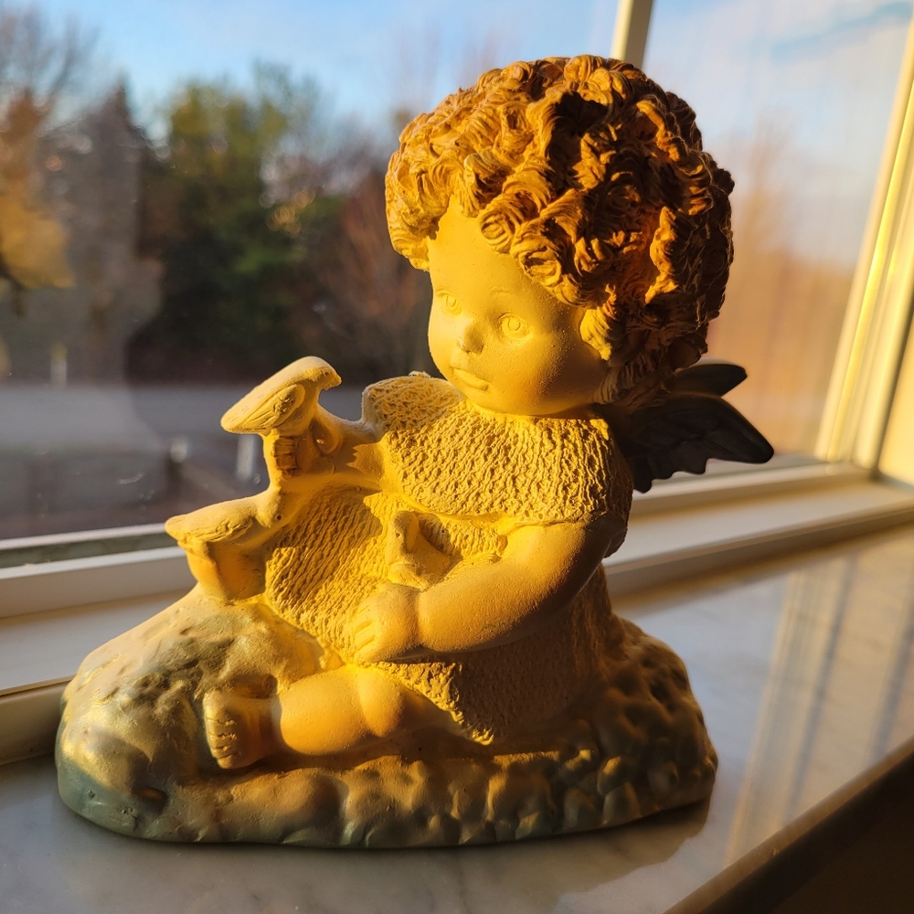 1995 Miller Studio Chalkware Cherub Angel Girl with Three Little Birds ~ Cute!